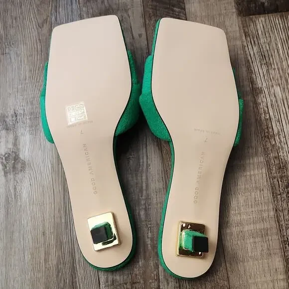 Good American Women's Green Terry Kitten Heel Sandals Kickstand Mules6‎ 1/2-7